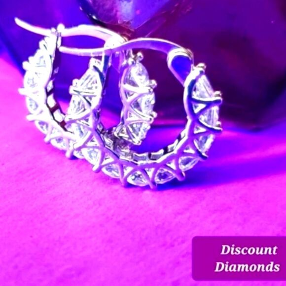 Clear White Diamond Hoop Earrings on 925 Sterling Silver Women's - Picture 1 of 4